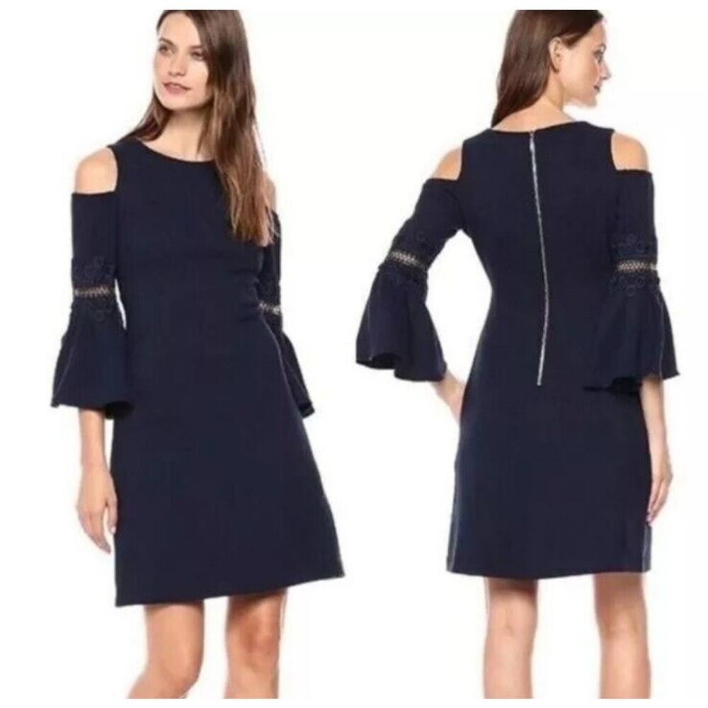 Eliza J Dress Womens 8 Petite Blue Lace Cold Shoulder Cocktail Wedding Guest - Picture 2 of 11
